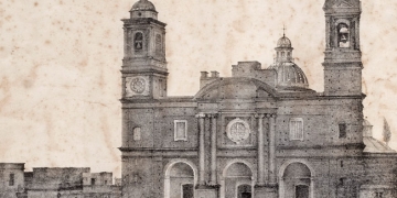 ​Iglesia Matriz, desde el Cabildo de Montevideo. Primera fotografía realizada en Uruguay - febrero 1840 (*)