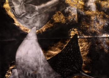 imagen - Canciones Primordiales Hollín y láminas de oro y plata sobre papel 140 x 150 cm obra - Alberto Charbonnier Baudeant