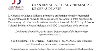 Inauguración de la exposición: 4 de setiembre 2020, 11 hrs. (por invitación) Exhibición: 7 de setiembre de 14.30 a 18 hrs Fecha del Remate: 8 de setiembre 2020, 18 hrs. Lugar: AGADU Canelones 1130 Modalidad: Remate Presencial y Virtual previo registro Costo de ingreso: 50 dólares