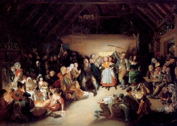 Noche de morder manzanas, por el artista irlandés Daniel Maclise, 1833. Se inspira en una fiesta de Halloween a la que asistió en Blarney, Irlanda, en 1832.