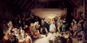 Noche de morder manzanas, por el artista irlandés Daniel Maclise, 1833. Se inspira en una fiesta de Halloween a la que asistió en Blarney, Irlanda, en 1832.