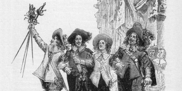 The Three Musketeers by Alexandre Dumas (illustration of the Appleton edition) Maurice Leloir (1851-1940) Signatura pie derecha grabado en madera by Jules Huyot Signatura pie izquierda - wikipedia.org