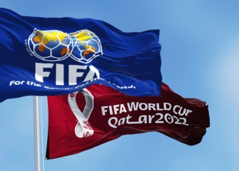 Doha, Qatar, January 2022: Flags With Fifa And Qatar 2022 World