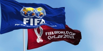 Doha, Qatar, January 2022: Flags With Fifa And Qatar 2022 World