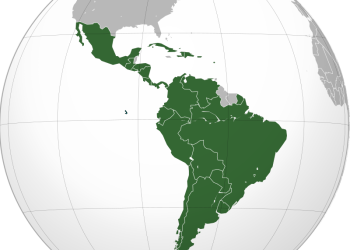 Latin America (orthographic projection). In grey Canada, USA, Belize, Guyana, Suriname, Trinidad and Tobago, Jamaica, the Bahamas, the Falklands