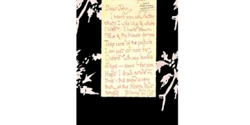 “Hogar de Papá Noel Polo Norte 22 de diciembre de 1920 Querido John: Me he enterado de que le has preguntado a tu papá cómo soy y dónde vivo. He hecho un autorretrato y he dibujado mi casa. Guarda bien el dibujo. Ahora mismo me marcho a Oxford con el saco lleno de regalos (algunos para ti). Espero llegar a tiempo: esta noche la nieve es muy espesa en el Polo Norte. Con cariño, Papá Noel”.