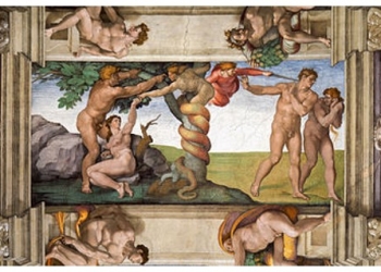 Miguel Ángel. Pecado original y expulsión del Paraíso terrenal, 1509, Capilla Sixtina (Wikipedia)