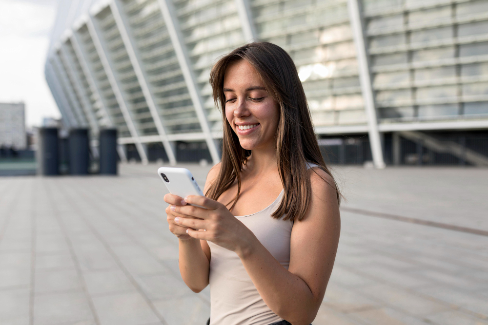mujer mirando el celular en el exterior de un edificio mujer mirando el celular en el exterior de un edificio