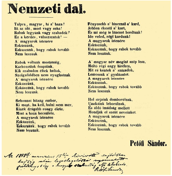 Primer ejemplar impreso de Nemzeti Dal con escritos de la mano de Sándor Petőfi (Fuente: Wikipedia)