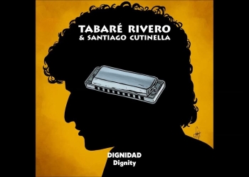 silueta de Dylan con una armónica en el medio y los nombre de Rivero y Cutinella