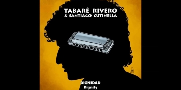 silueta de Dylan con una armónica en el medio y los nombre de Rivero y Cutinella