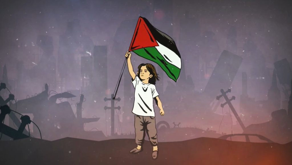 dibujo de un niño en Gaza sosteniendo la bandera Palestina en alto
