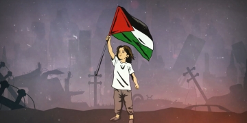 dibujo de un niño en Gaza sosteniendo la bandera Palestina en alto