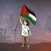 dibujo de un niño en Gaza sosteniendo la bandera Palestina en alto