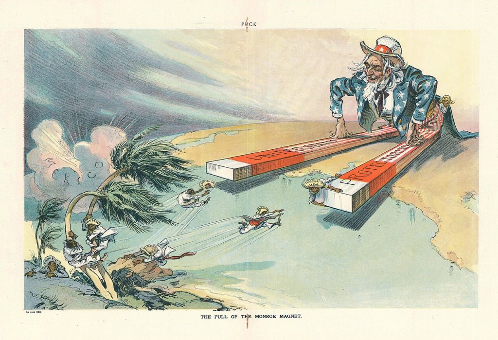 La atracción del imán de Monroe destaca las prácticas intervencionistas y paternalistas de los Estados Unidos en América Latina; caricatura en Puck de Udo