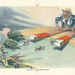 La atracción del imán de Monroe destaca las prácticas intervencionistas y paternalistas de los Estados Unidos en América Latina; caricatura en Puck de Udo