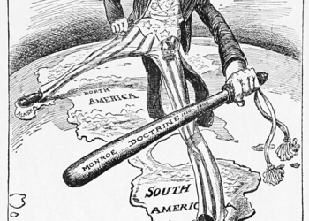 Caricatura política de Louis Dalrymple sobre el expansionismo estadounidense. El Tío Sam se extiende por todo el continente americano blandiendo un gran garrote con la inscripción "Doctrina Monroe 1824-1905". El garrote es una metáfora de la fuerza militar.