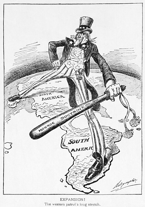 Caricatura política de Louis Dalrymple sobre el expansionismo estadounidense. El Tío Sam se extiende por todo el continente americano blandiendo un gran garrote con la inscripción "Doctrina Monroe 1824-1905". El garrote es una metáfora de la fuerza militar.